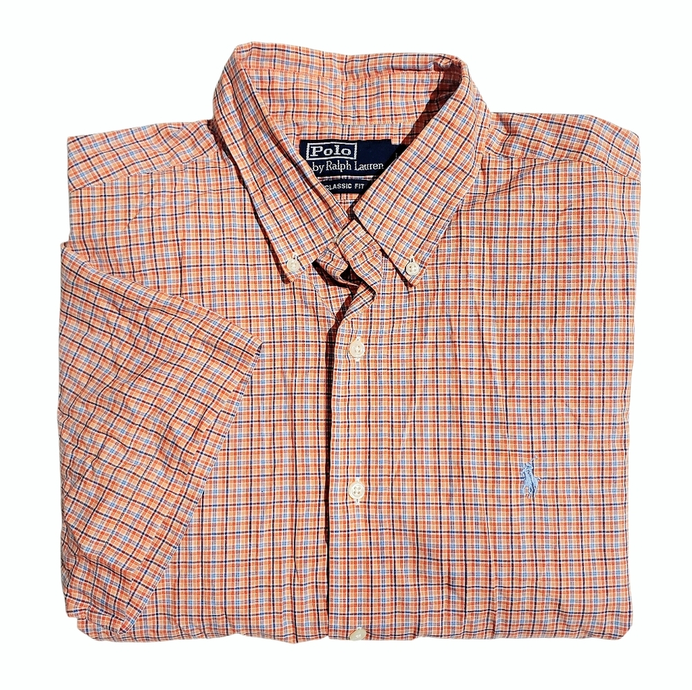 Polo Ralph Lauren Mens Classic Fit Short Sleeve Oxford Orange Plaid Large EUC